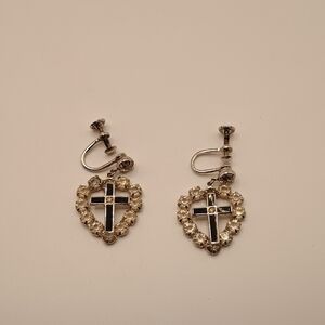 Silver Toned Heart Screw On Earrings with Cross Design And Clear Stones